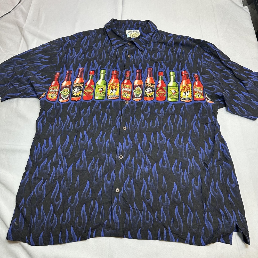 Big Dogs Shirt Mens 2XL Black Hot Sauce Bottle Flames Rayon Aloha Camp Party